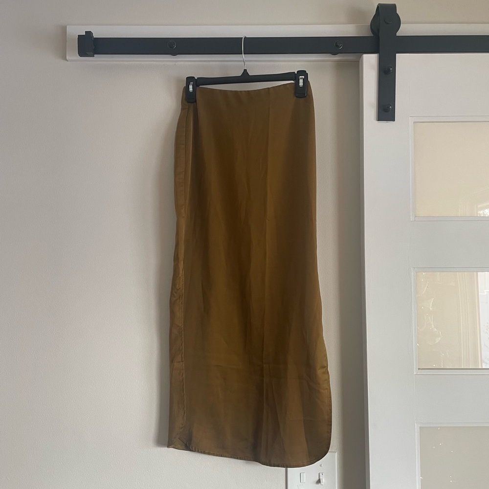 Miou Muse Satin Side Slit Skirt in Gold Size Small